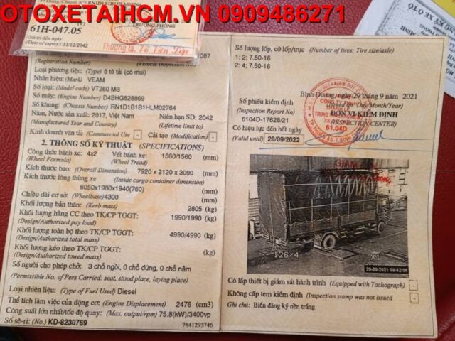 đăng kiểm xe tải Veam VT260 1.9 tấn thùng 6m cũ
